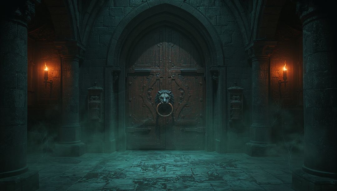 Mysterious Medieval Doors with Lion Knocker in Shadowy Crypt