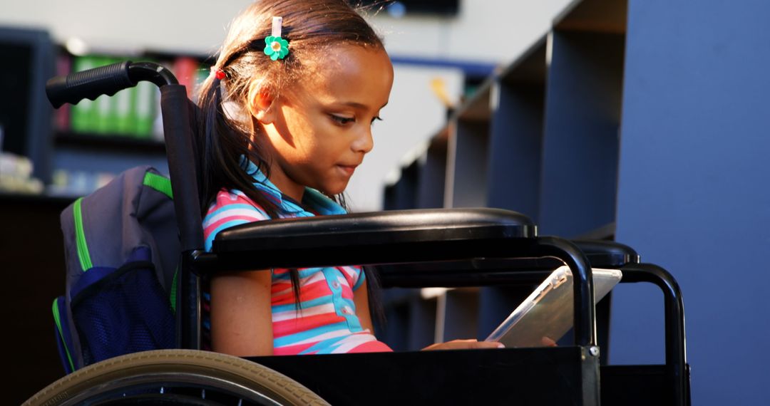 Young Girl in Wheelchair Reading Book in School Library