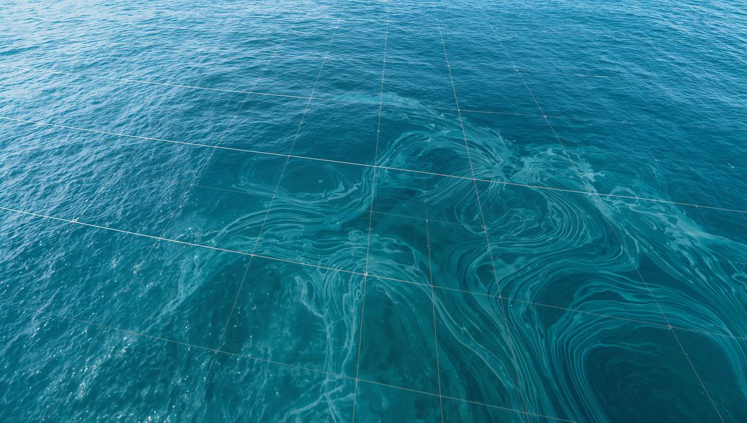 Aerial view of turquoise ocean with swirling filament patterns and subtle grid overlay