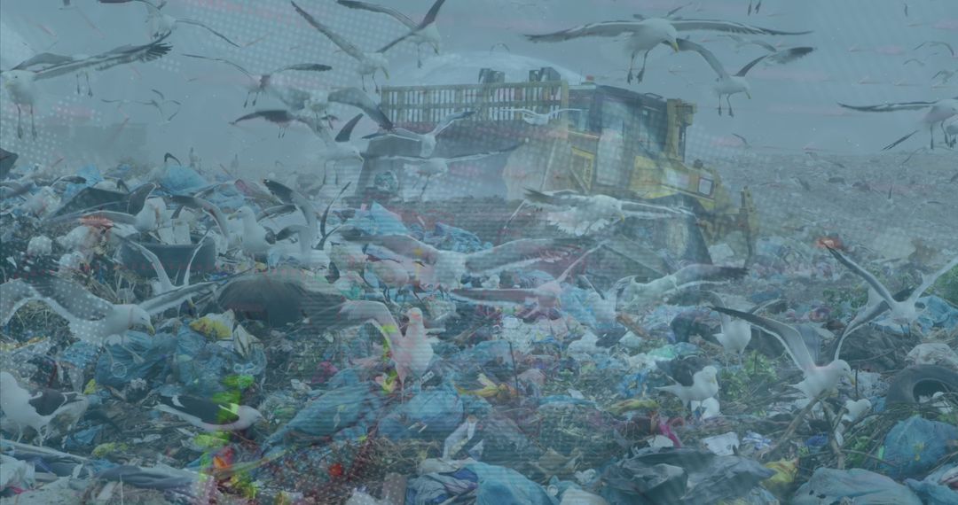 Seagulls Over Landfill with Digital Data Overlay