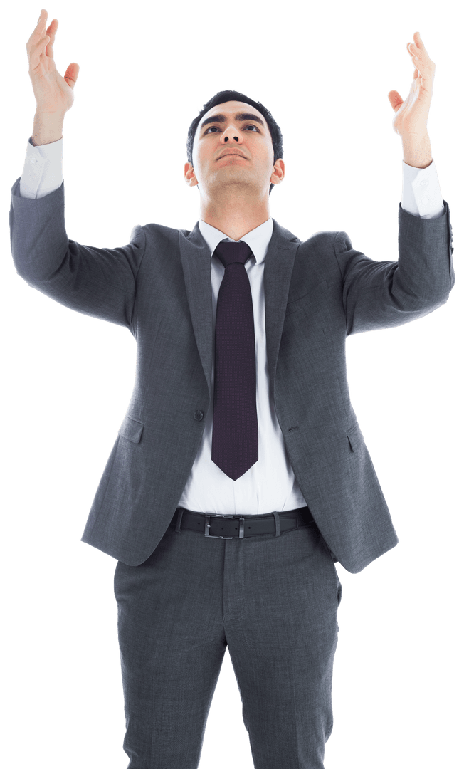 Serious Businessman with Raised Arms Transparent Background