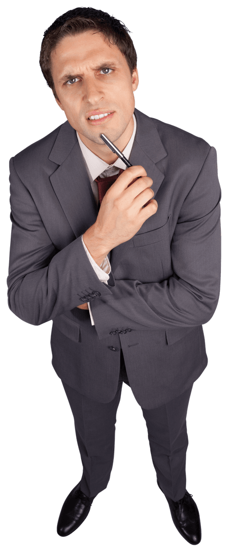 Confused Businessman Holding Pen with Transparent Background