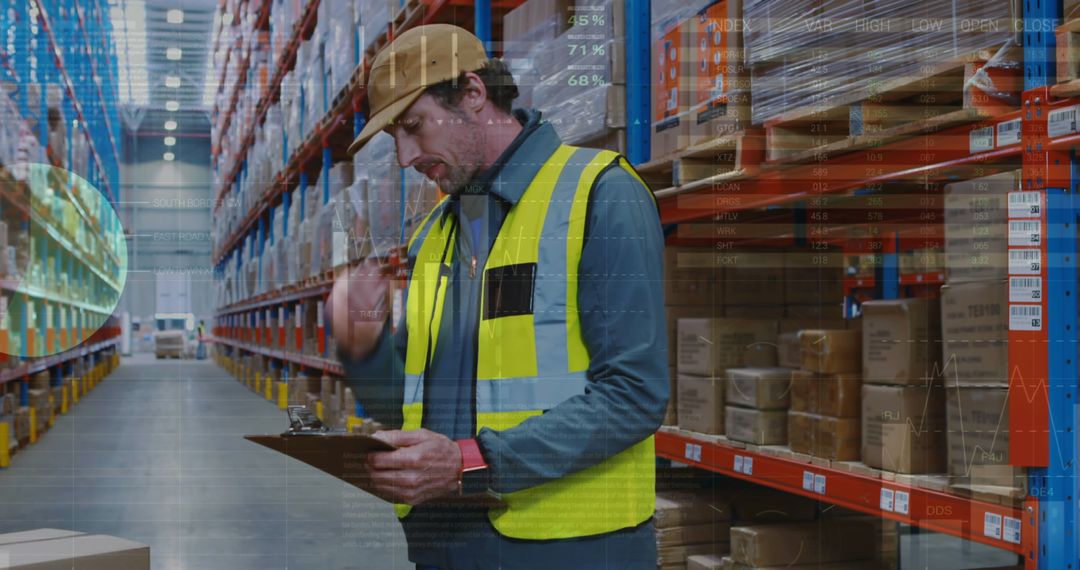 Warehouse Worker Checking Inventory with Digital Overlay - Free Images, Stock Photos and Pictures on Pikwizard.com