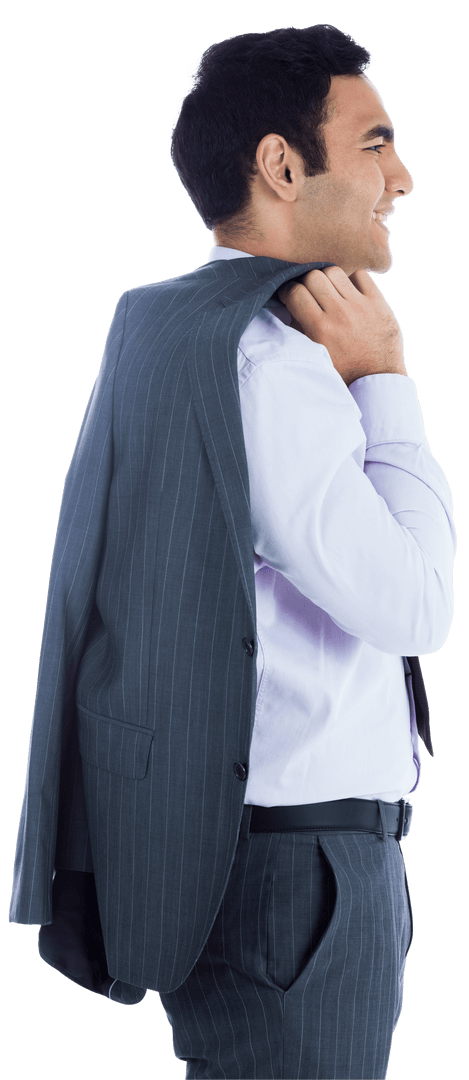 Transparent Biracial Businessman Holding Jacket Smiling Confidently