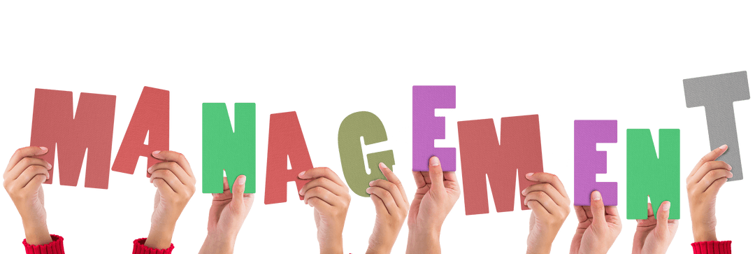 Hands Holding Management Text on Transparent Background