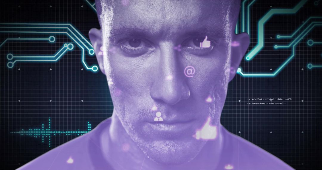 Futuristic Male Face with Digital Circuit Overlay
