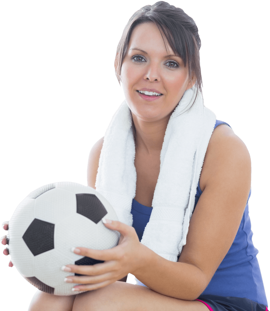 Smiling Athletic Woman Holding Soccer Ball with Transparent Background