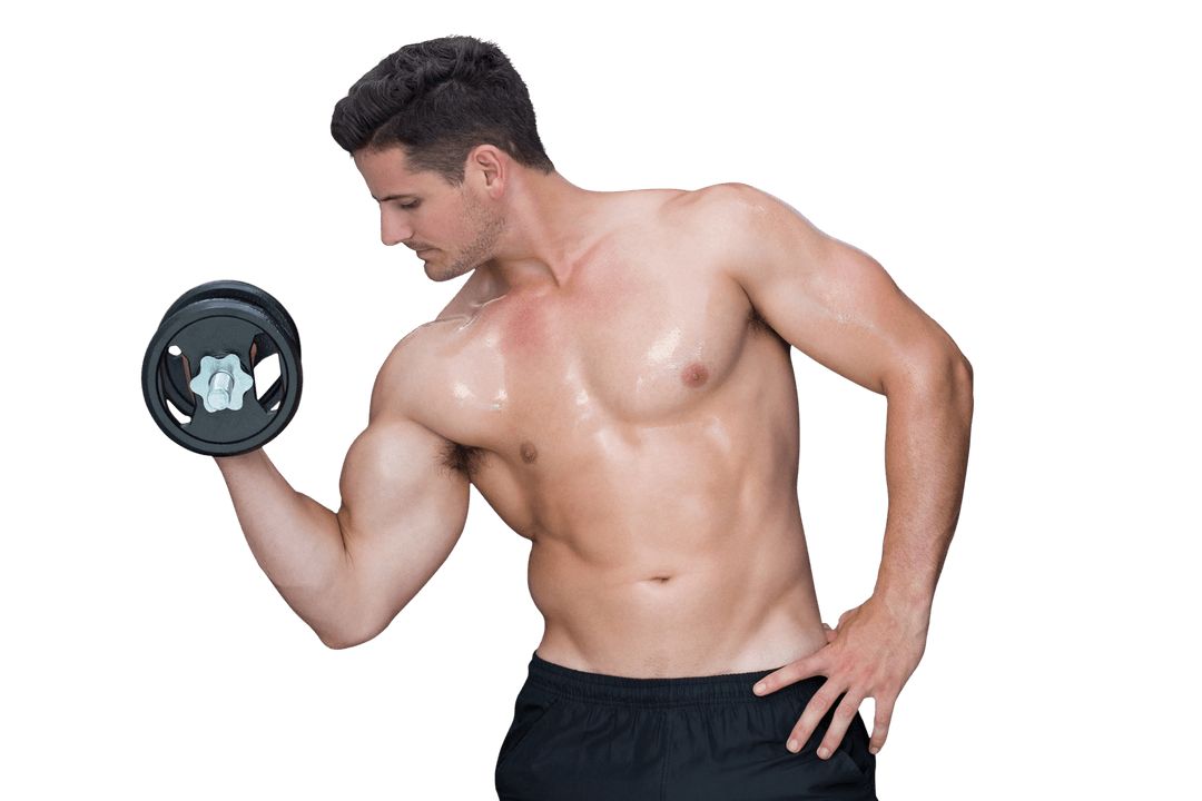 Transparent Half-Naked Man Exercising with Dumbbell for Muscle Tone