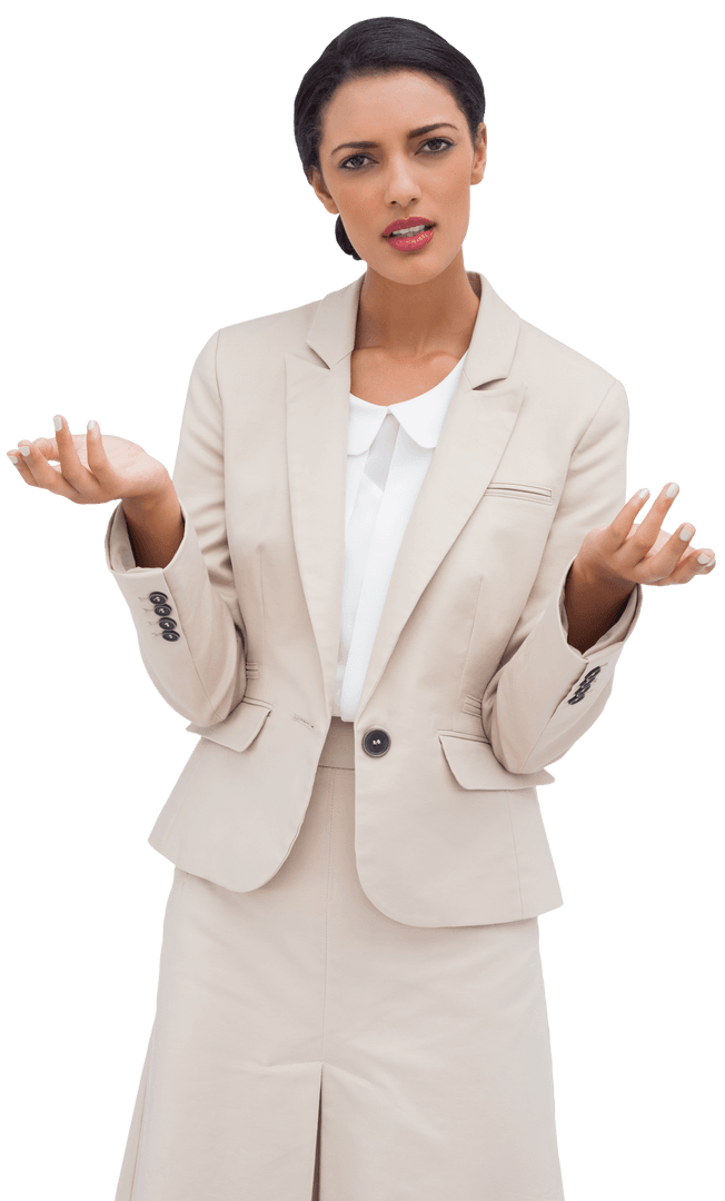 Confused Businesswoman in Beige Suit on Transparent Background