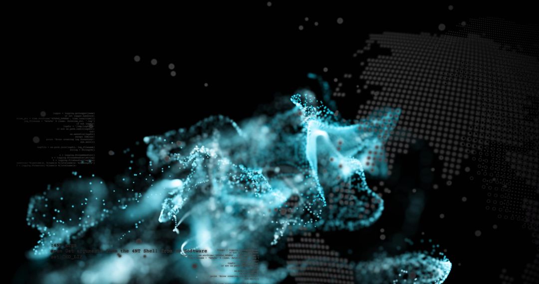 Cyan Particle Cloud Forming Digital Waves Over Halftone World Map with Code Overlay