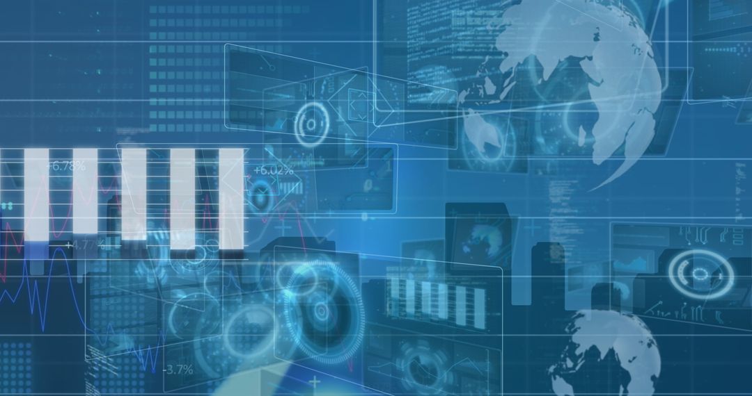 Futuristic Digital Analytics Interface with Charts and Globes