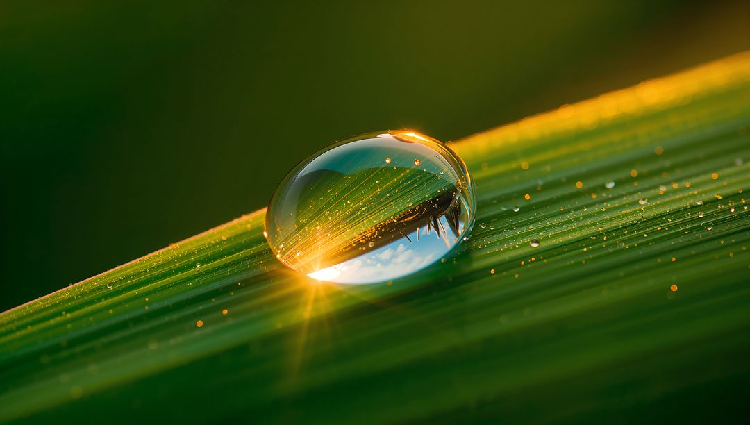 Macro dew droplet mirroring sunrise on green blade with golden bokeh sparkle