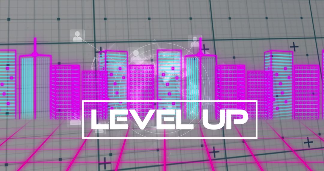 Level Up Theme Over Digital Cityscape and Globe Design