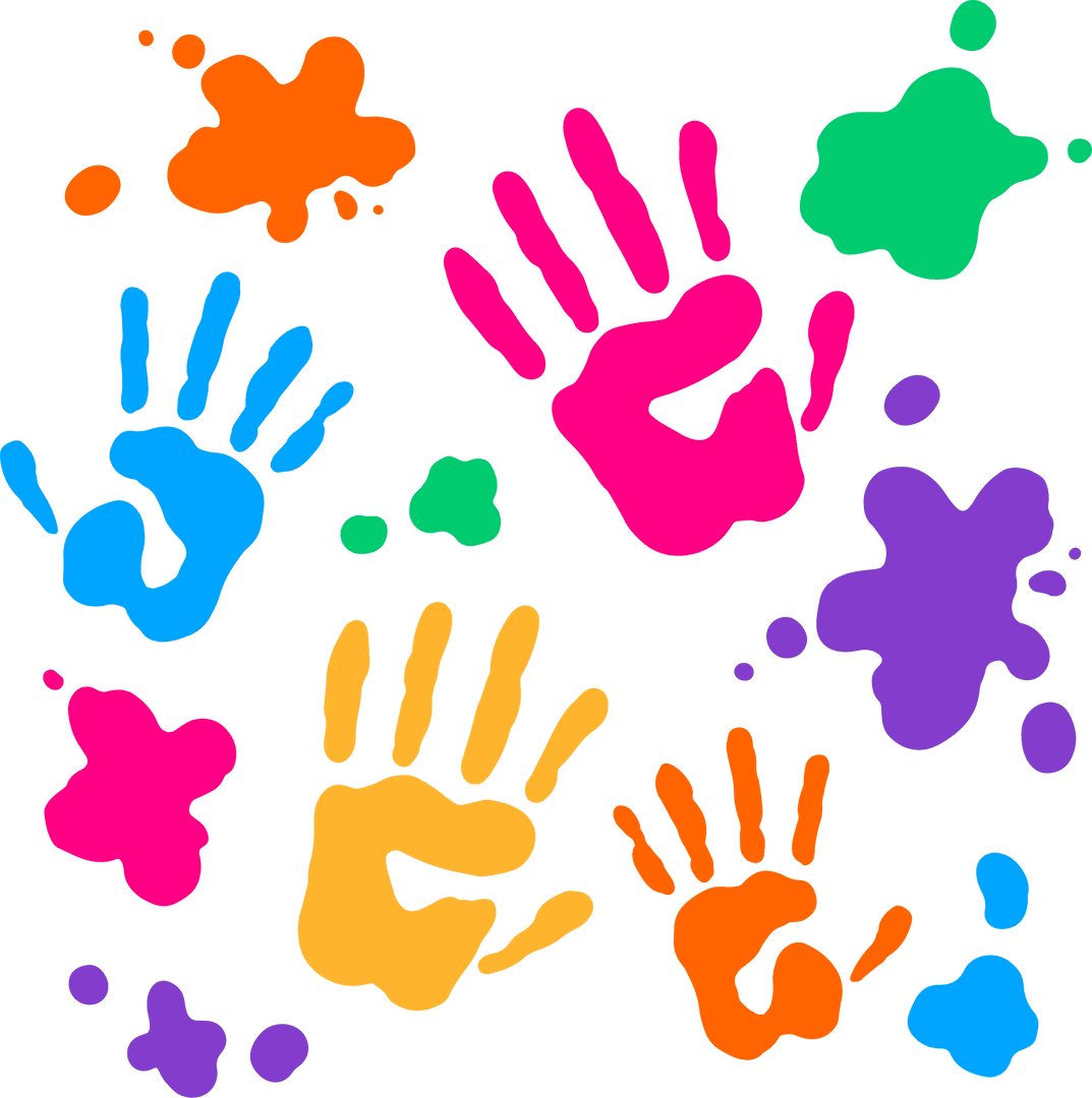 Colorful Handprints and Paint Splashes on Transparent Background