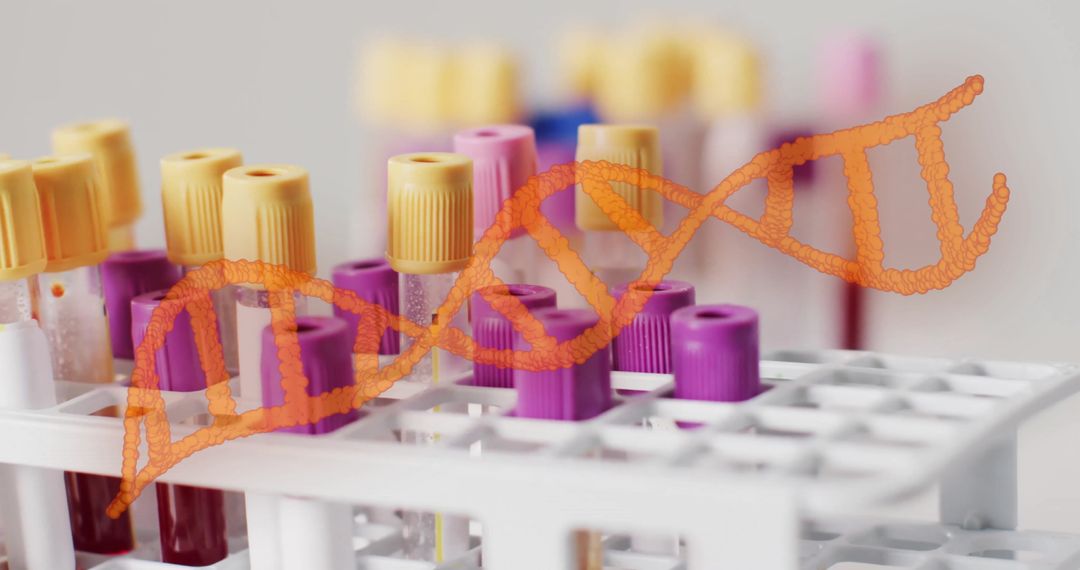 DNA Strand Overlay with Blood Test Tubes in Laboratory Setting