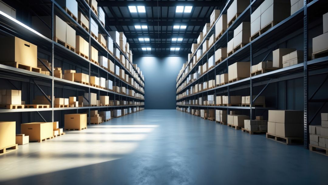 Spacious Modern Warehouse Aisle With Cardboard Boxes on Shelves