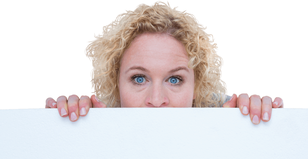 Curly-Haired Woman Peeking Over Blank Transparent Sign