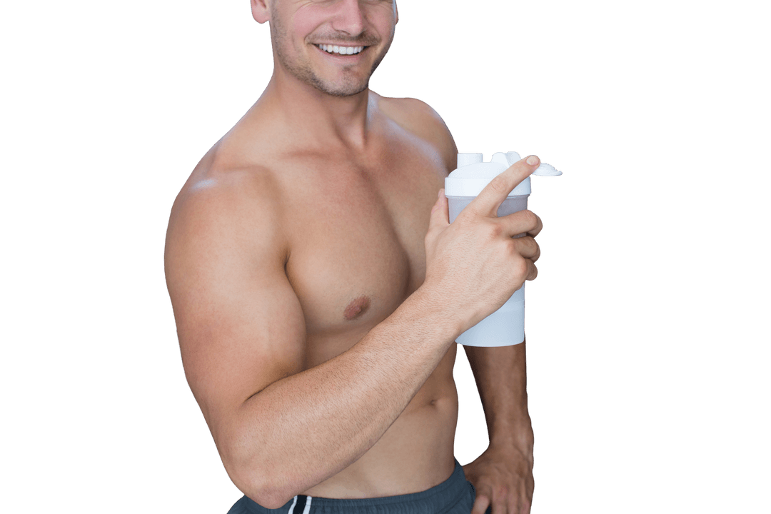 Smiling Muscular Man Holding Shaker Bottle on Transparent Background