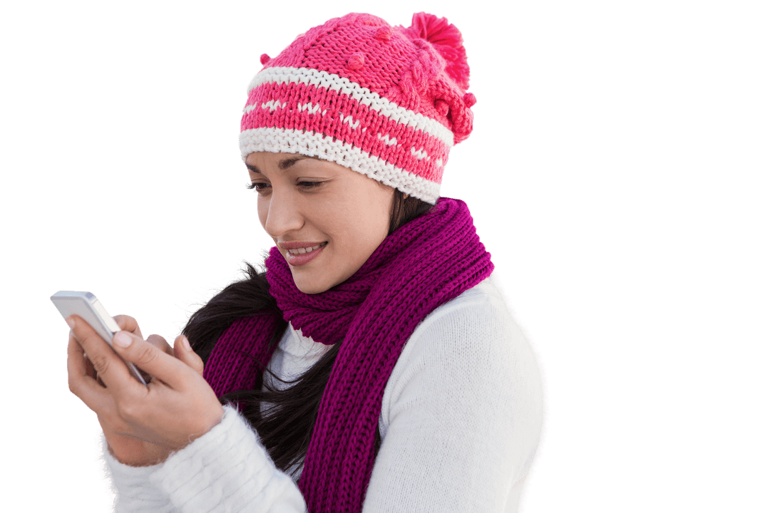 Transparent Happy Woman Using Smartphone in Winter Wear