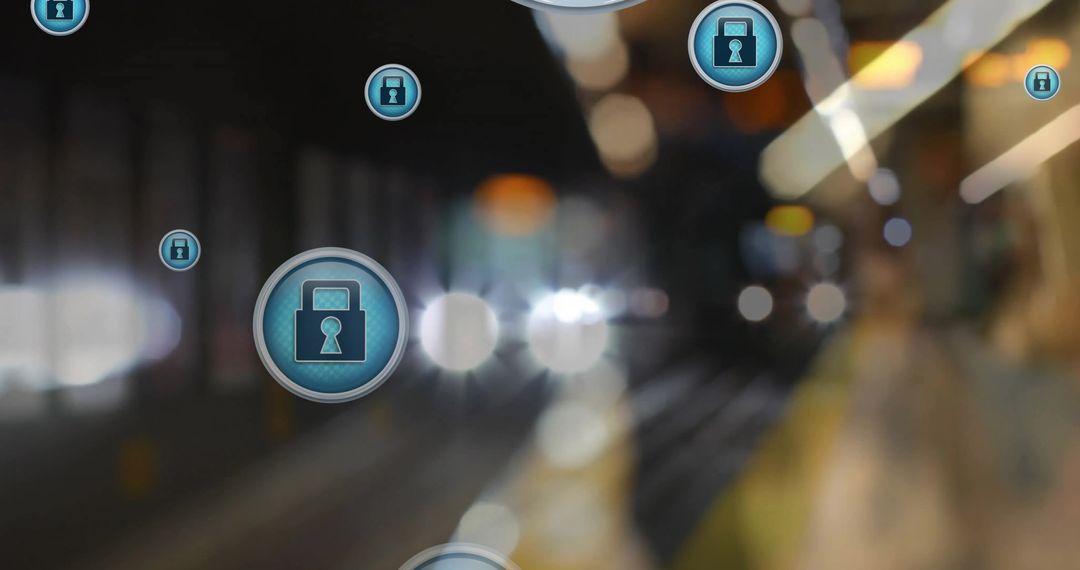 Digital Security Concept with Padlock Symbols Over Train Background