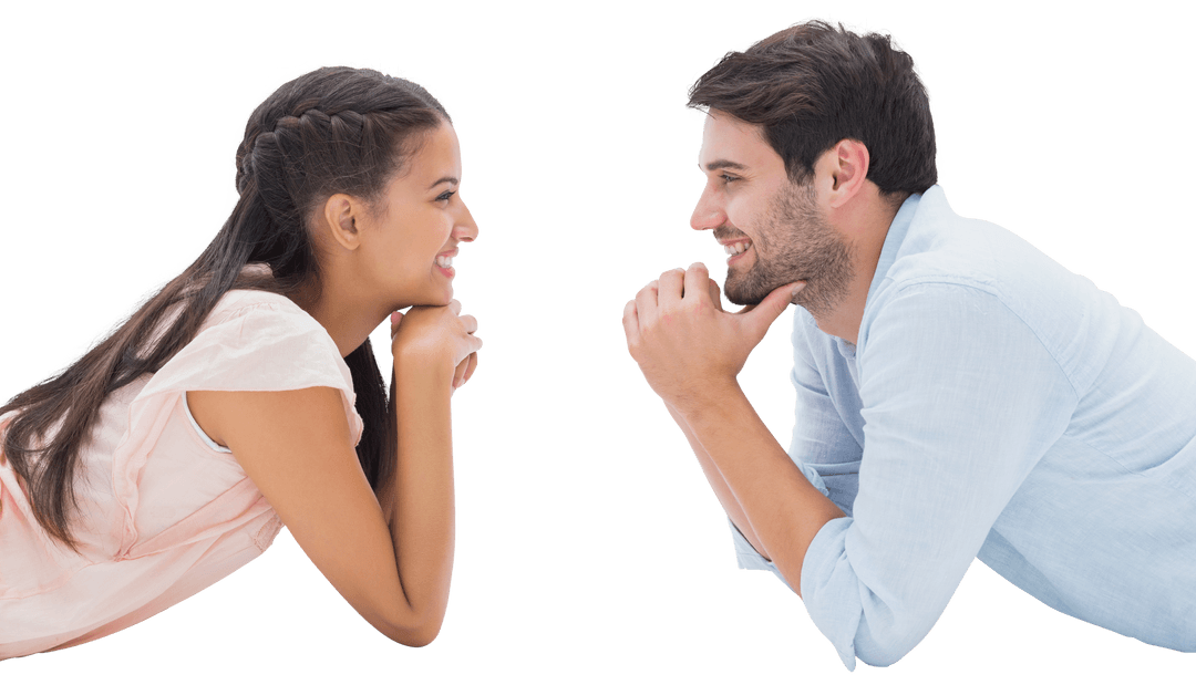 Transparent Young Couple Smiling Lovingly at One Another