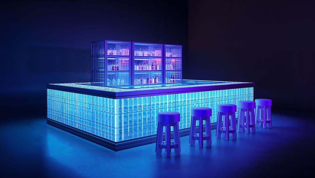 Glowing neon glass-block bar island radiating cyan and purple light with backlit shelving