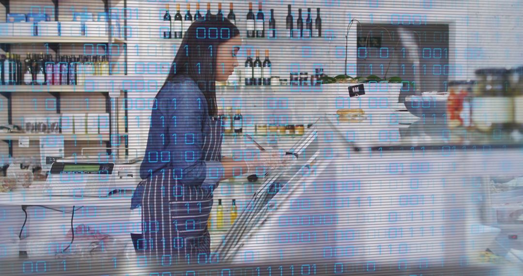 Woman Working in Store with Digital Binary Code Overlay