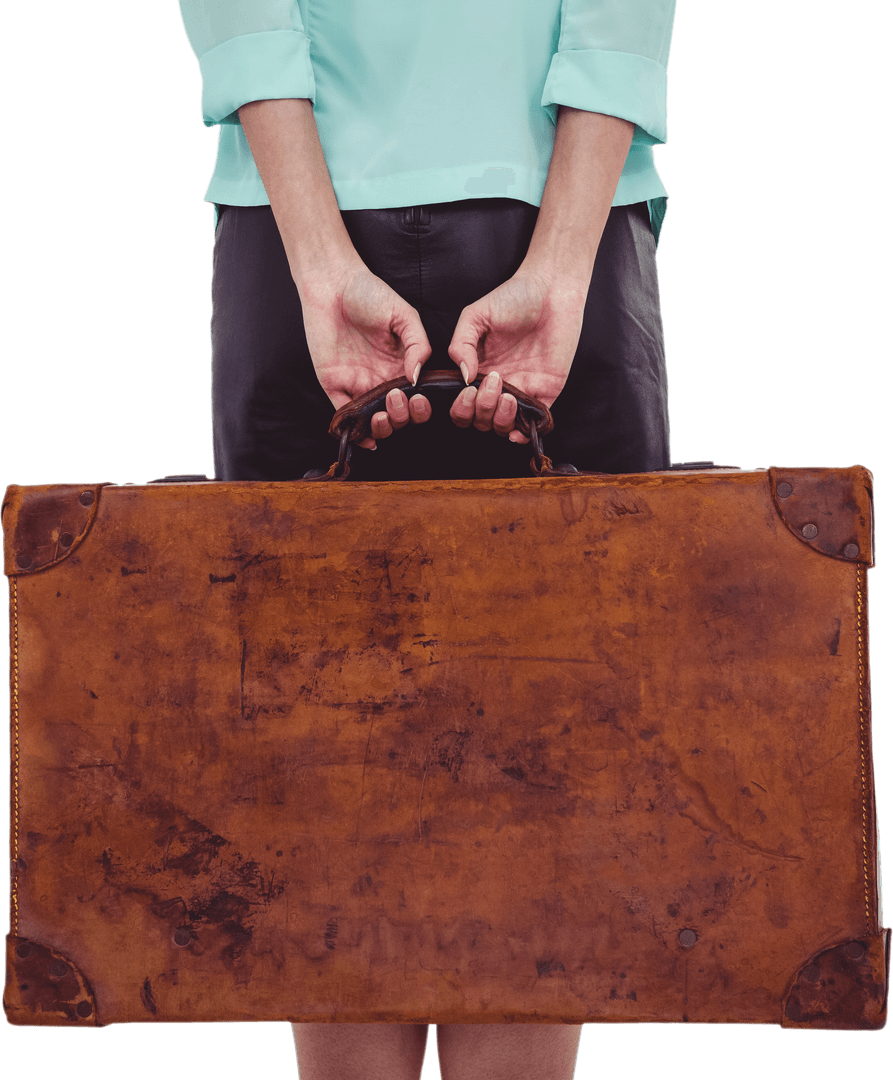 Woman Holding Vintage Suitcase with Transparent Background