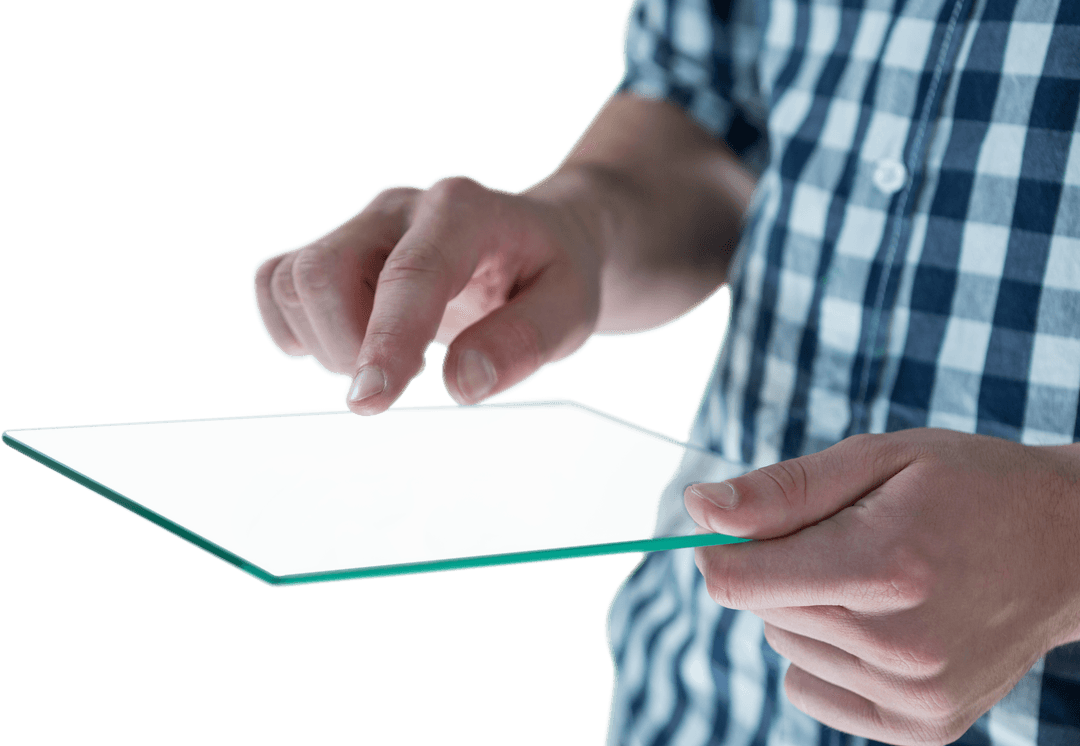 Innovative Transparent Tablet in Hands of Checkered Shirt User