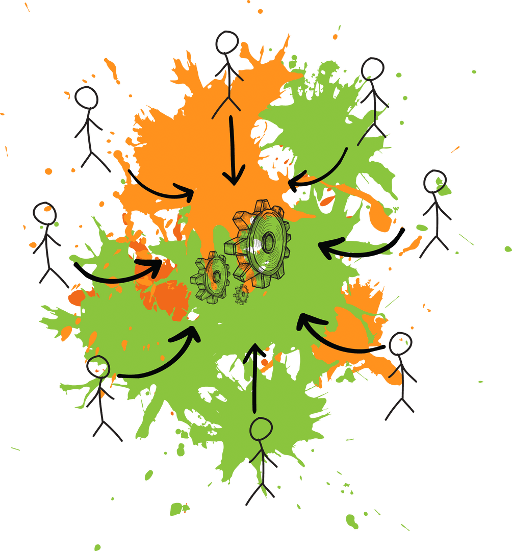 Transparent Illustration of Stick Figures and Gears for Team Collaboration