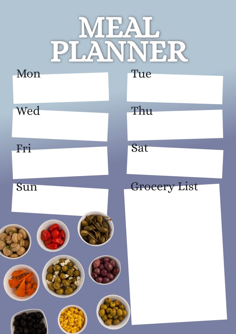 Weekly Meal Planner Template with Bowls of Colorful Ingredients - Download Free Stock Templates Pikwizard.com