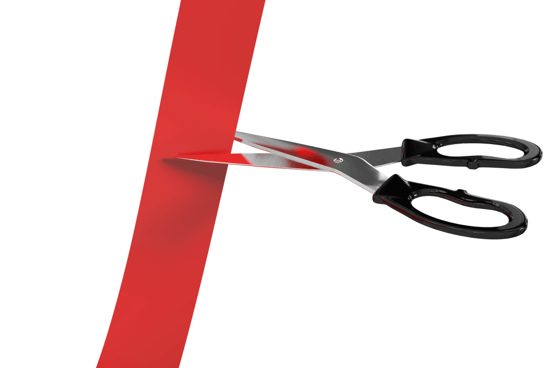 Transparent Scissors Cutting Bold Red Ribbon on White