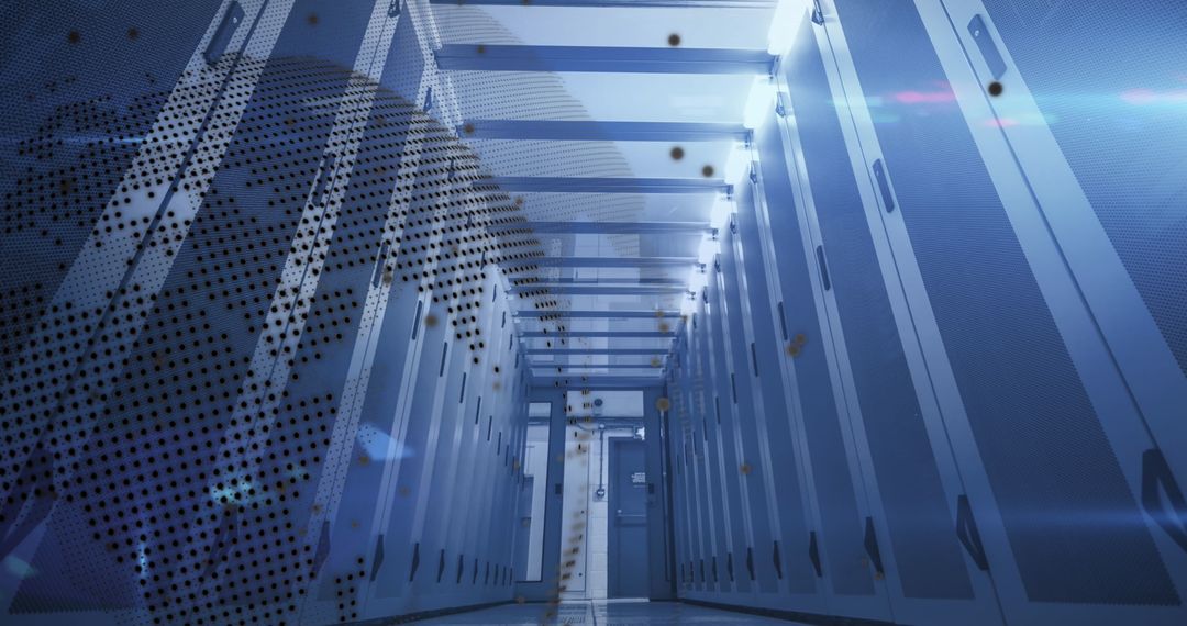Globe and Data Overlay in High-Tech Server Room