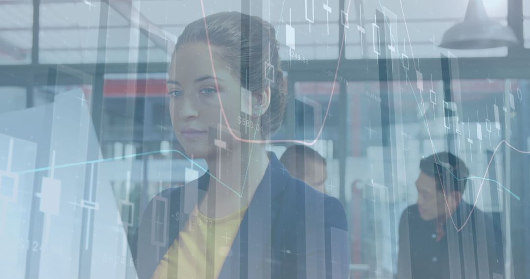 Businesswoman Analyzing Financial Data with Tech Interface Overlay