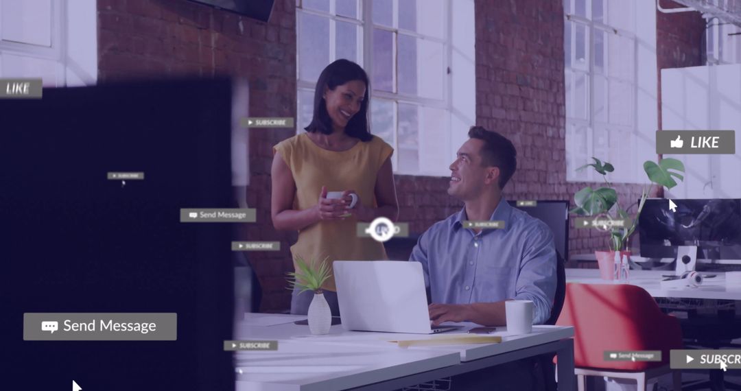 Business Team Discussing Digital Strategy with Social Media Overlay