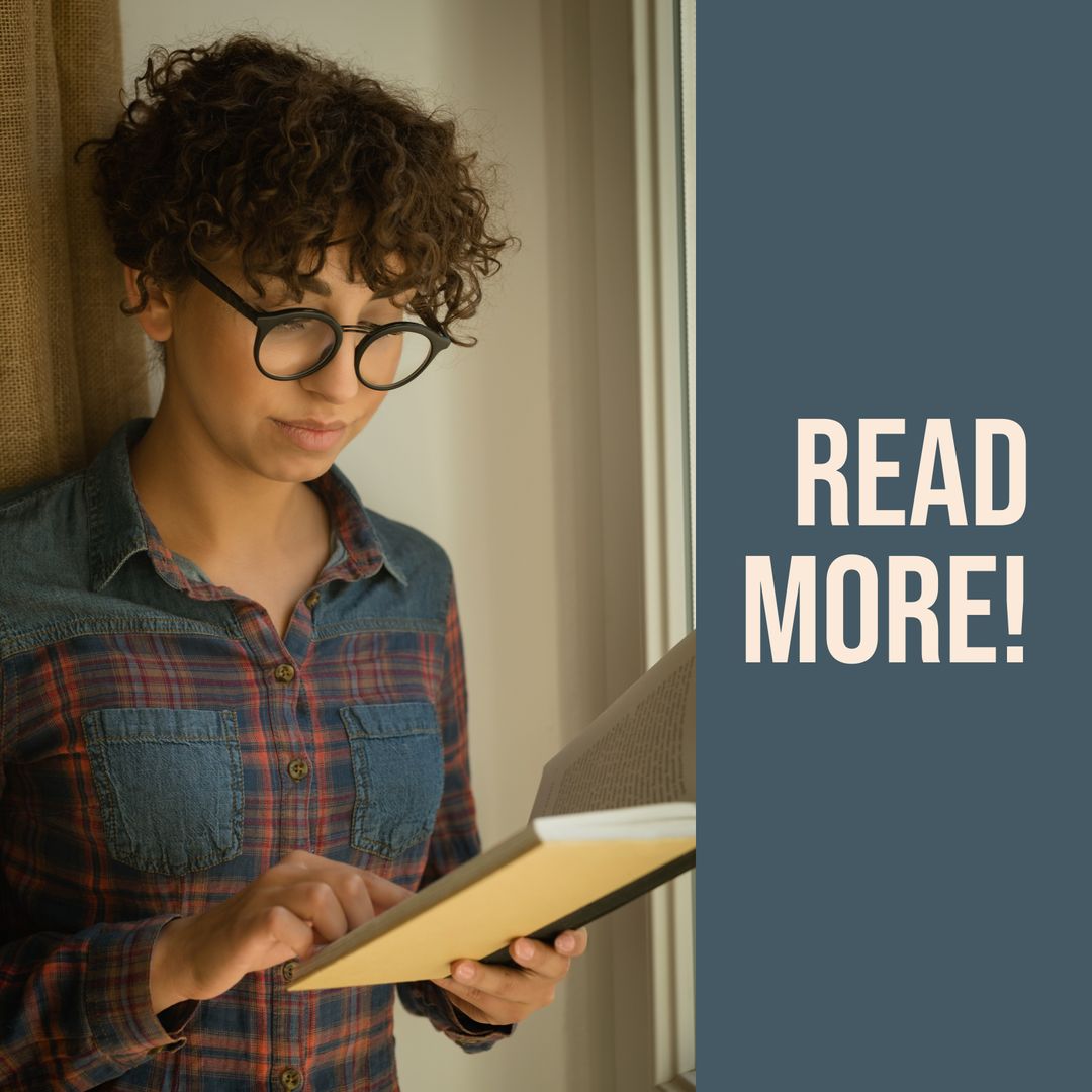 Curly Haired Woman Immersed in Book Encouraging Reading