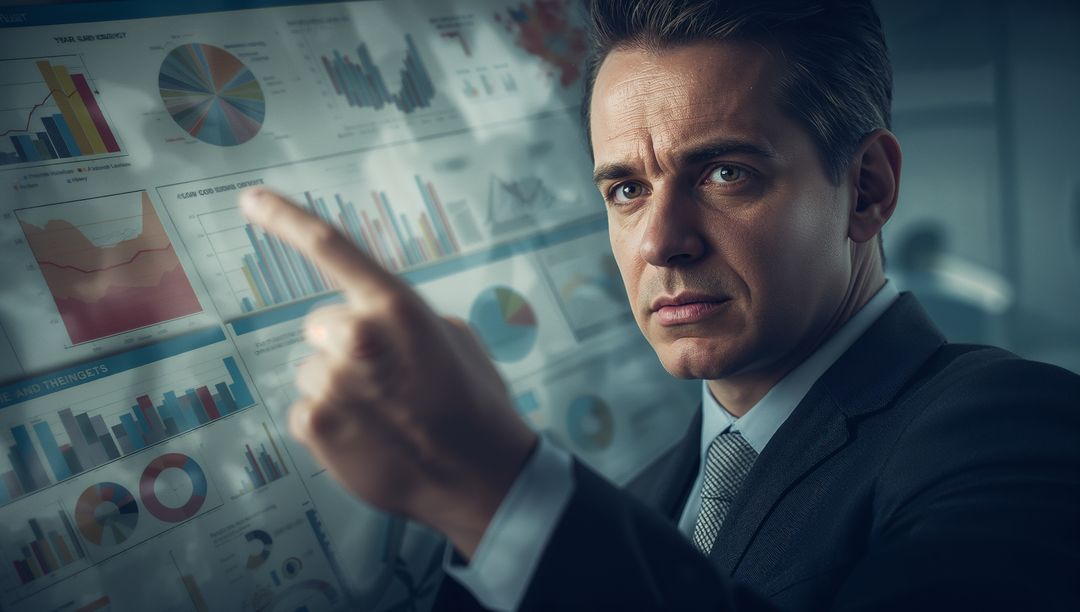 Executive Using Digital Analytics Display in Modern Office Space