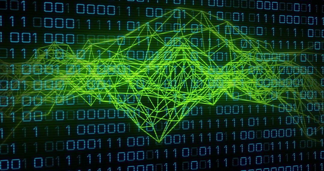 Neon Green Wireframe Among Binary Code for Data Visualization Theme