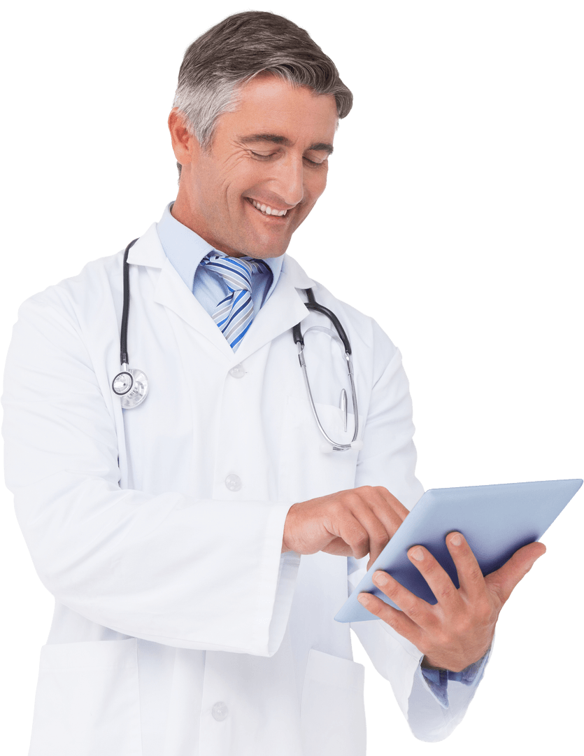 Transparent Background: Happy Doctor Using Tablet for Efficient Workflow