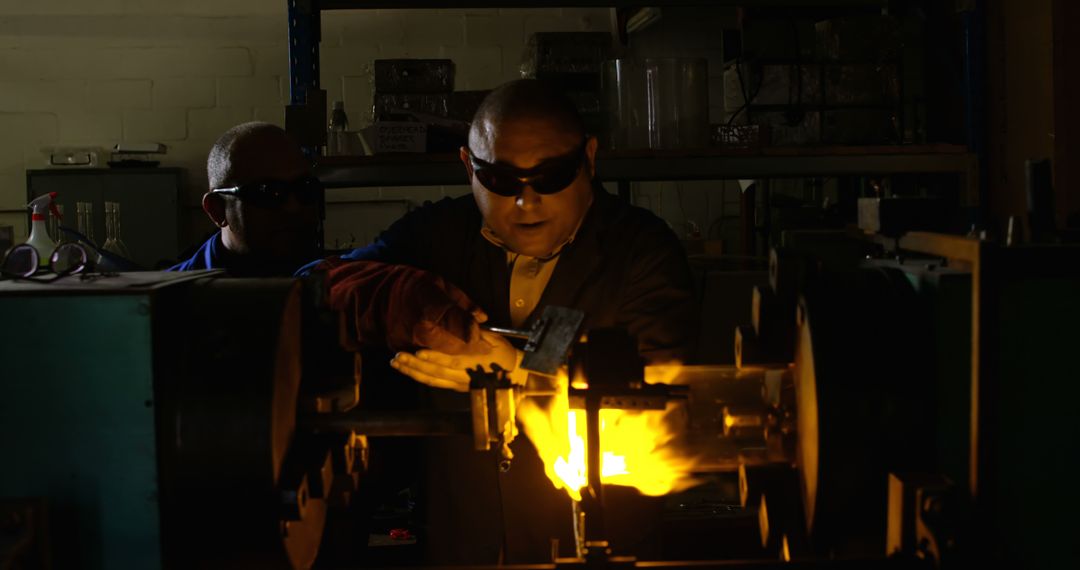 Engineers Using Industrial Machinery in Dimly Lit Workshop - Free Images, Stock Photos and Pictures on Pikwizard.com