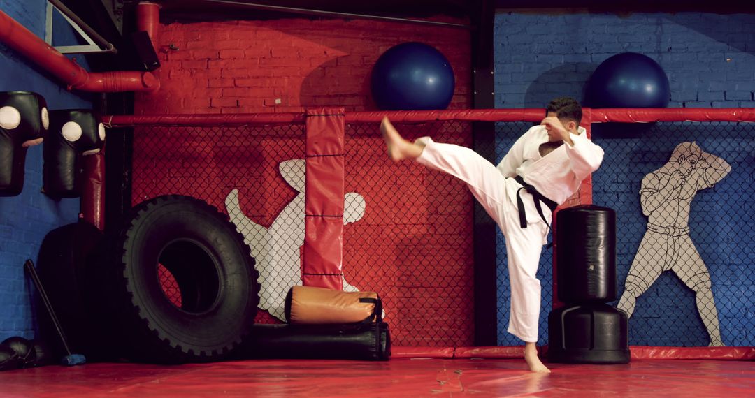 Martial Artist Performing High Kick in Training Room - Free Images, Stock Photos and Pictures on Pikwizard.com