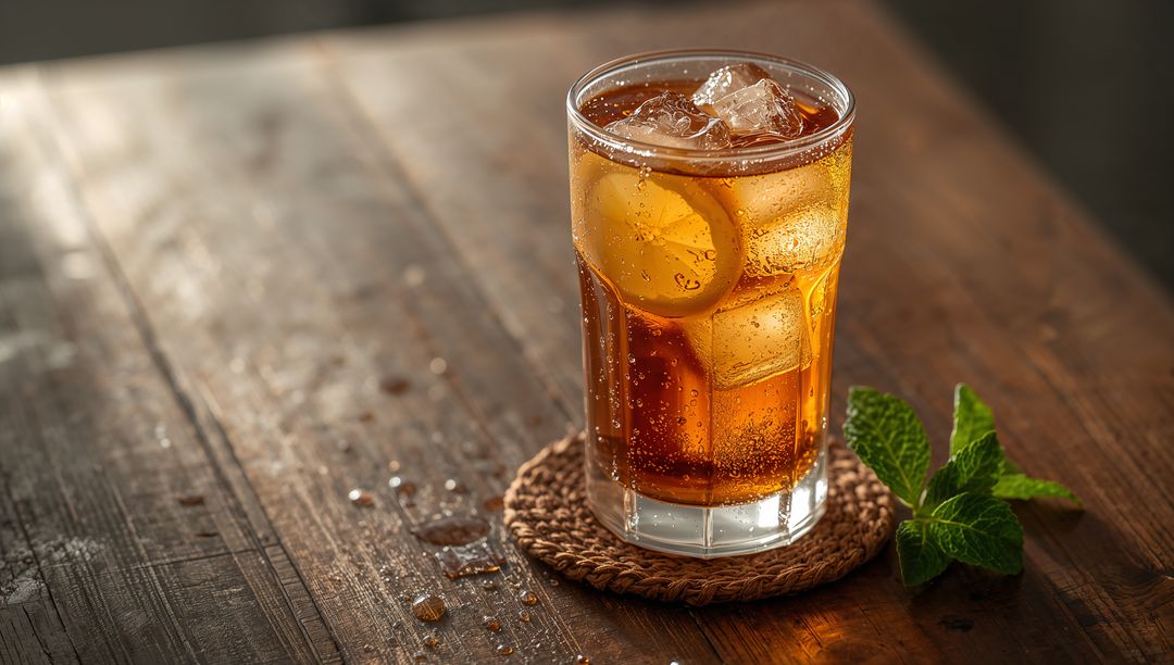 Refreshing iced tea sparkling with ice and lemon slice on rustic wooden table with mint