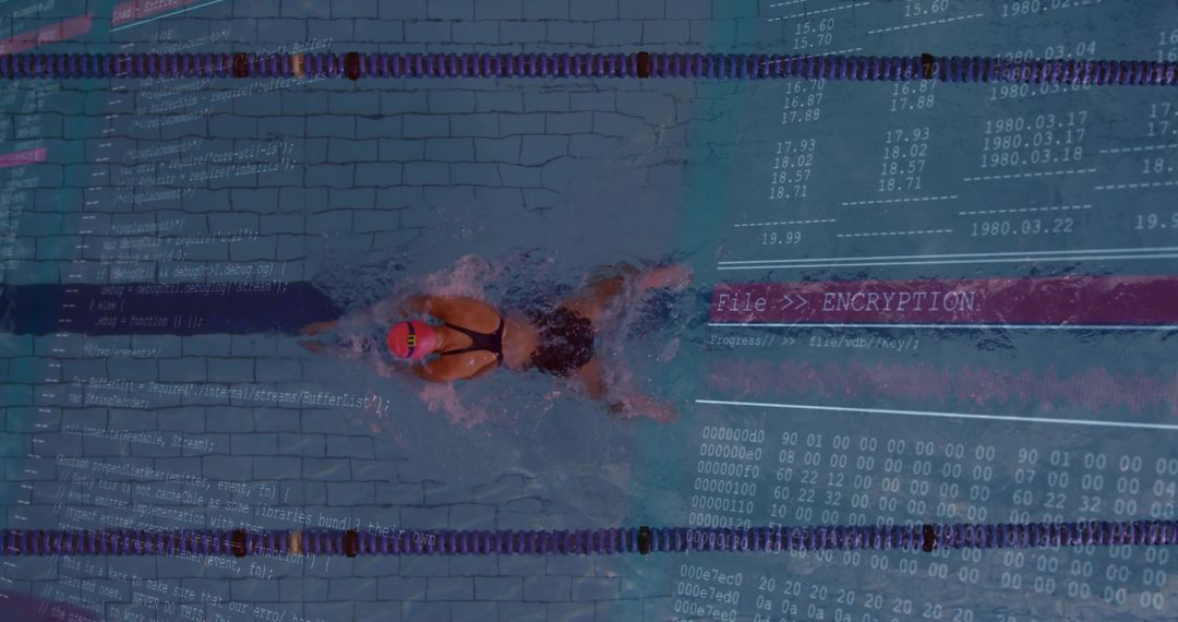 Competitive Swimmer Gliding Through Pool with Digital Encryption Overlay