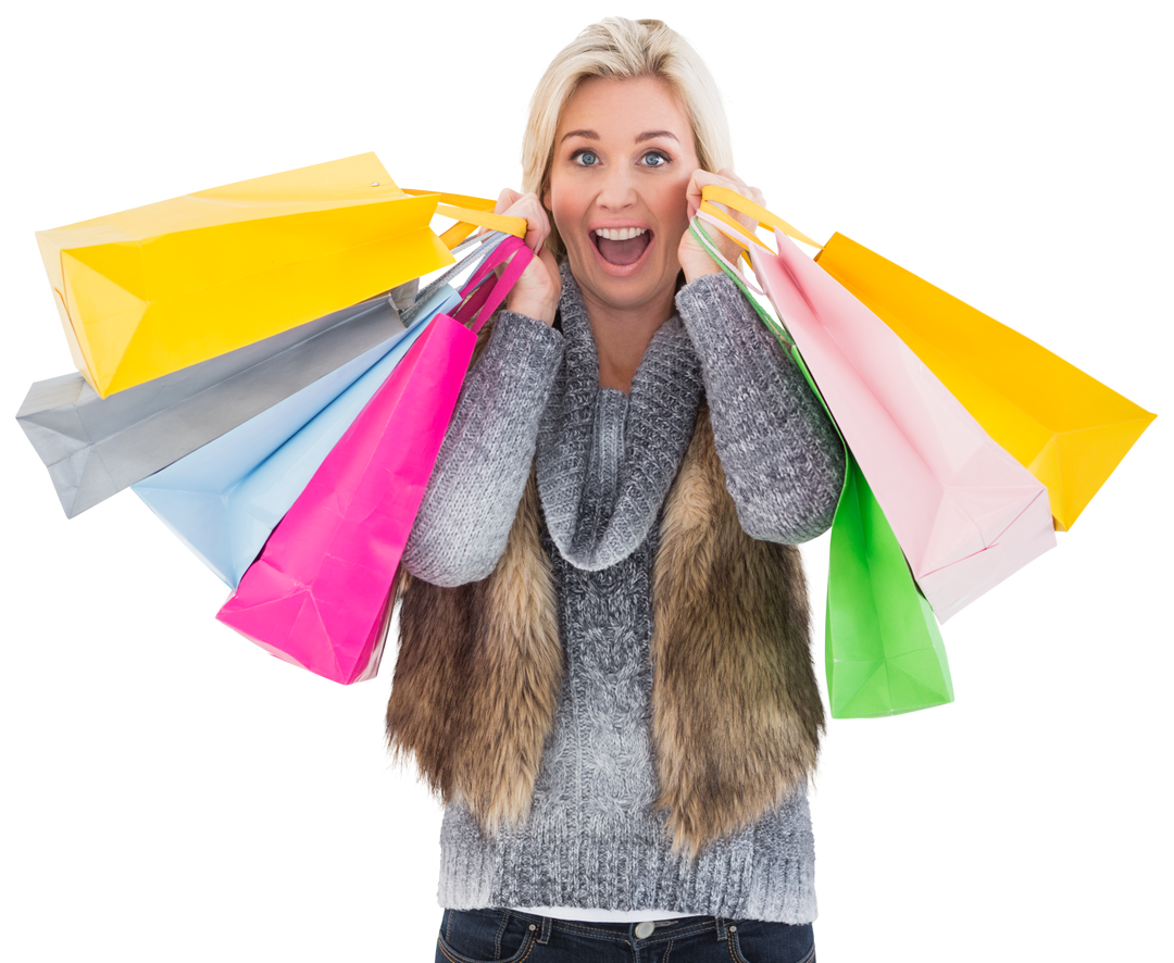 Blonde Woman in Winter Clothes Holding Multiple Shopping Bags Transparent Background - Download Free Stock Images Pikwizard.com