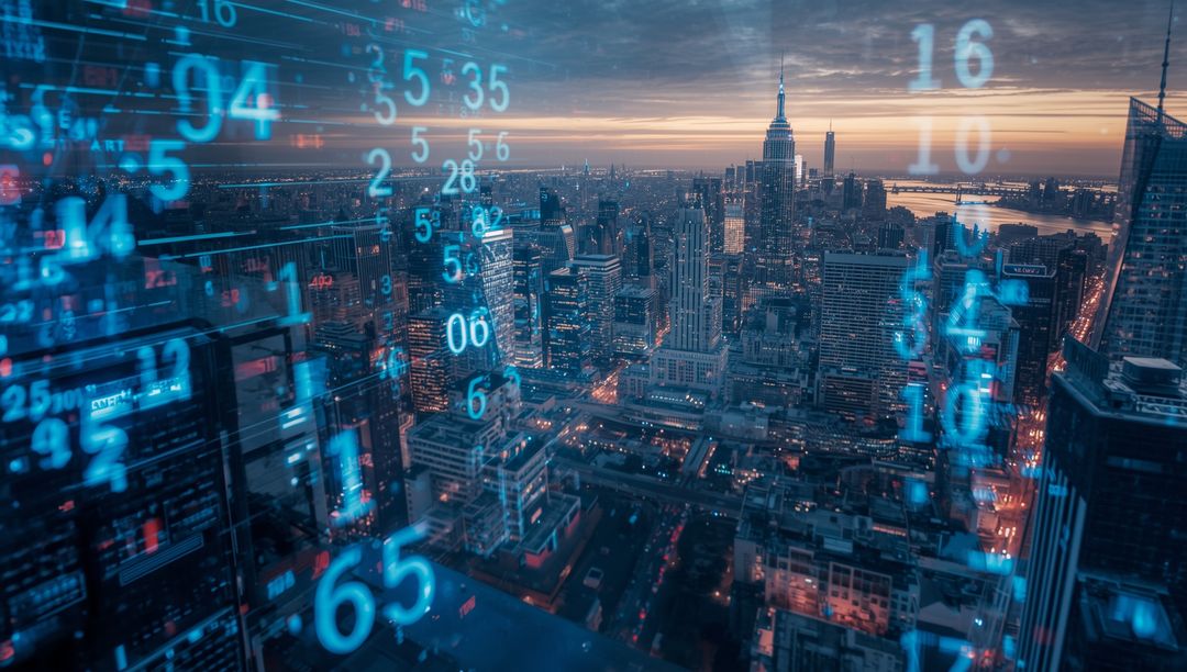 Futuristic Cityscape with Glowing Digital Overlays at Dusk