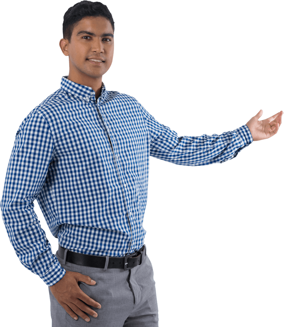 Smiling Man in Checkered Shirt Pointing at Blank Space Transparent Background