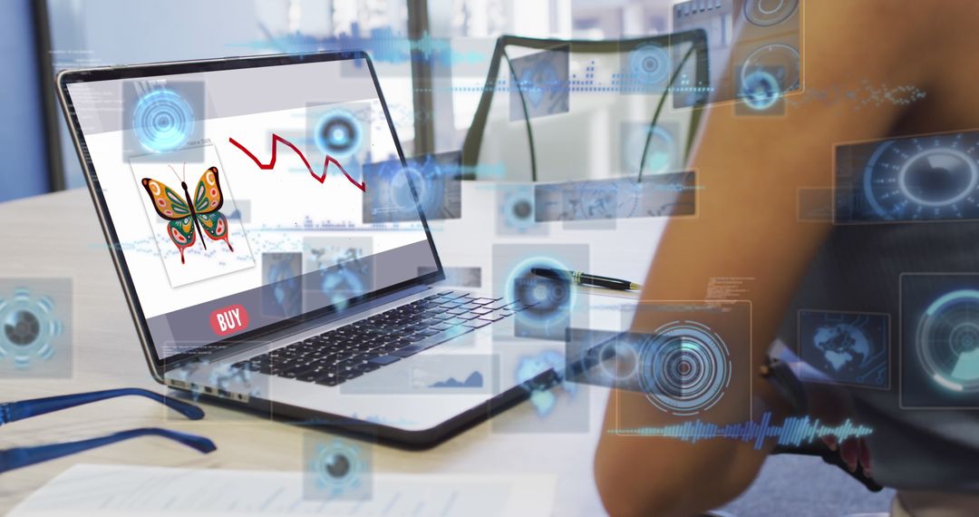 Employee Analyzing Data on Laptop with Technology Interface