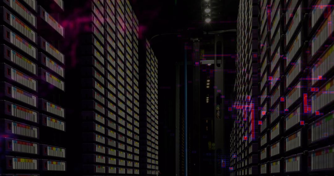 Futuristic Data Technology Interface in Dimly Lit Server Room