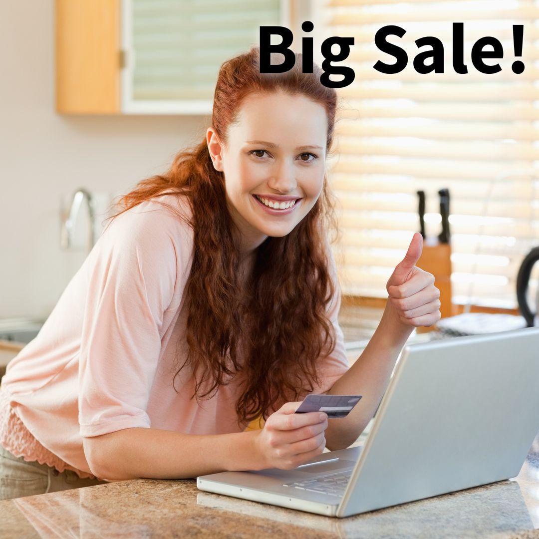 Woman Smiling and Shopping Online During Big Sale in Bright Kitchen