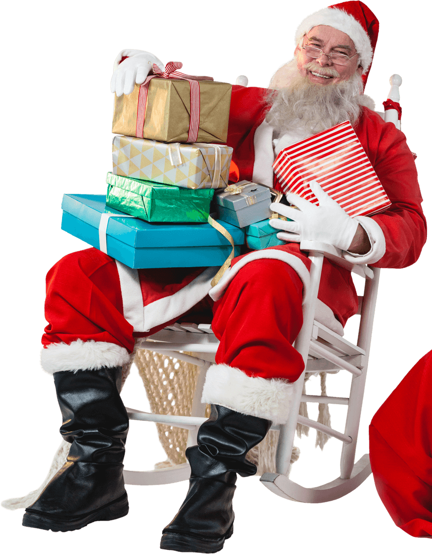 Cheerful Santa Claus Holding Stack of Colorful Christmas Gifts Transparent Background